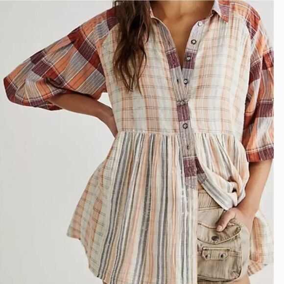 NEW Free People Moon Bay‎ Mixed Plaid Top shirt, XS - Picture 2 of 16